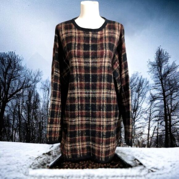 Vintage Mohair Blend Plaid Sweater XL Brown Oversized Boxy Academia Grandpa 80s - Picture 10 of 16